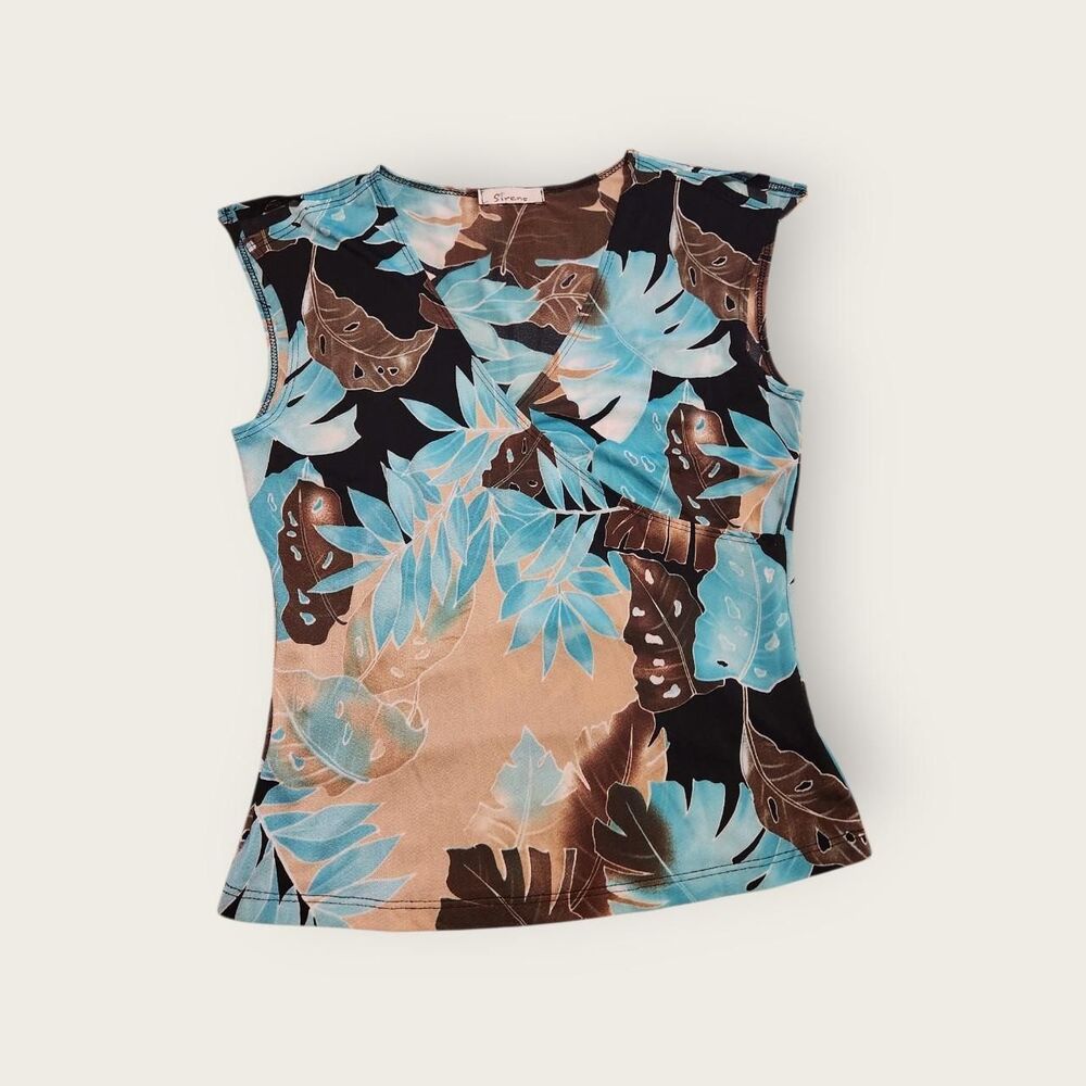 Vintage Y2k Sirens blue and brown floral print v-neck flutter sleeve shirt